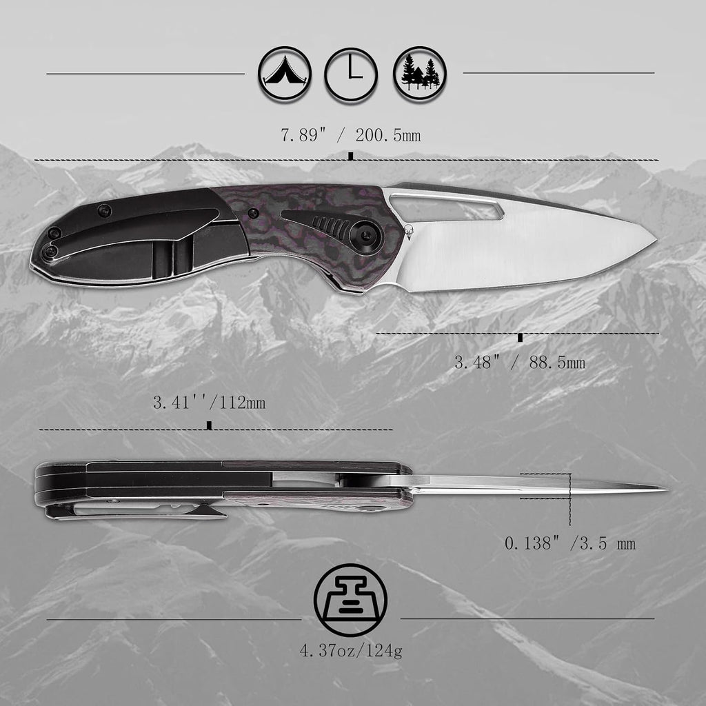 KANSEPT Thoth Camping Pocket Knives for Men 8.05in Folding Knives with 3.43in Satin CPM 20CV Material and Blackwash Titanium Purple Haze Carbon Fiber Handle for Outdoor,Tactical,Survival K1075T1