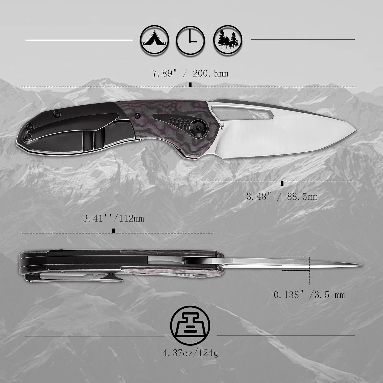 KANSEPT Thoth Camping Pocket Knives for Men 8.05in Folding Knives with 3.43in Satin CPM 20CV Material and Blackwash Titanium Purple Haze Carbon Fiber Handle for Outdoor,Tactical,Survival K1075T1