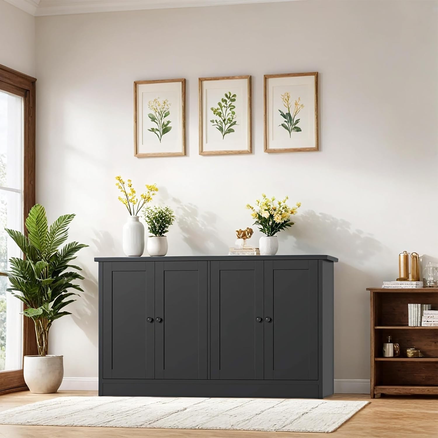 holzart Black Buffet Cabinet with Storage, 49' Modern Kitchen Sideboard with 4 Doors & Adjustable Shelves, Wood Coffee Bar Cabinet Console Table for Dining Room, Living Room, Entryway