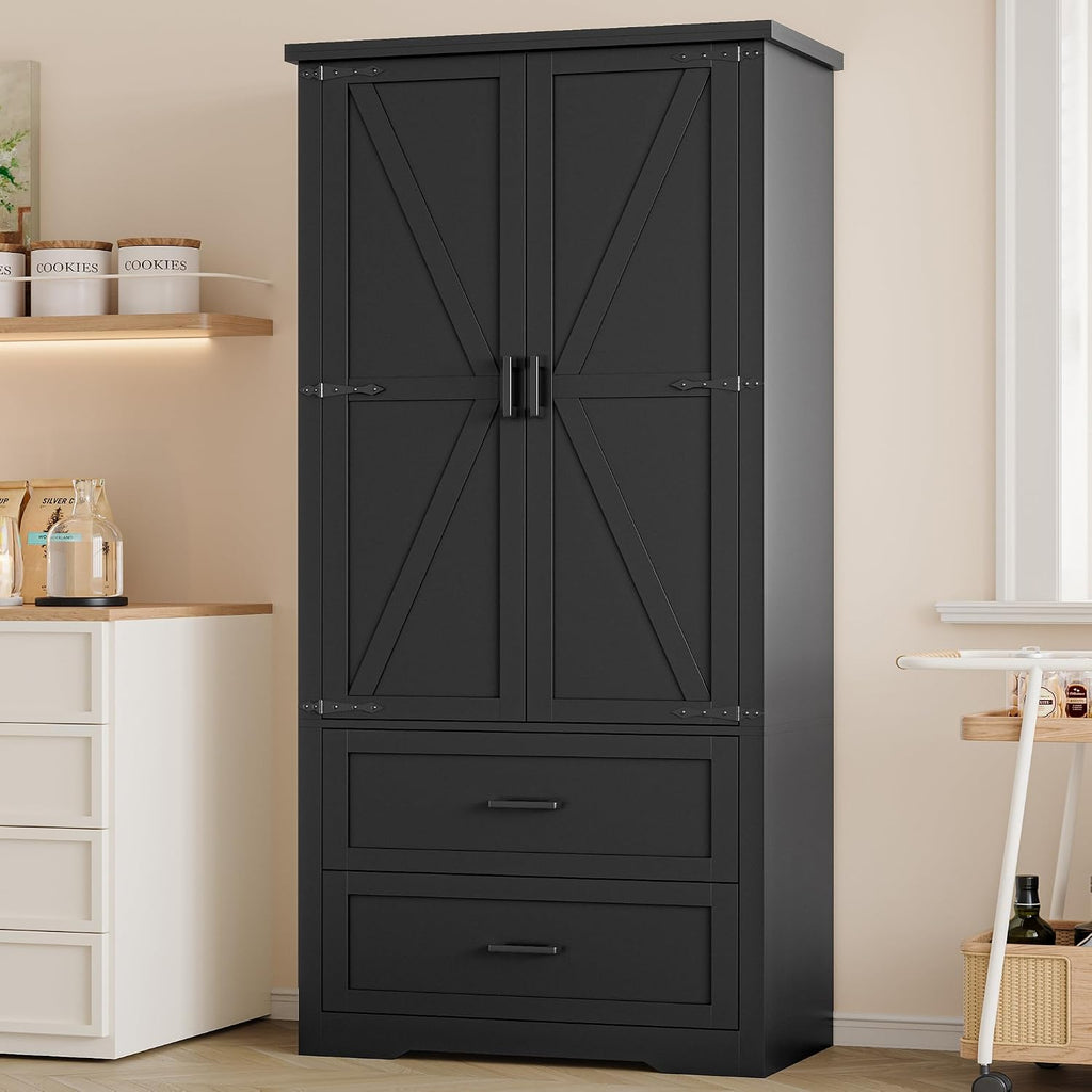 BORNOON Pantry Organizers and Storage Cabinet, 71' Barn Door White Kitchen Cabinet with Drawers and Adjustable Shelf, Tall Pantry for Kitchen, Dining Room, Living Room. Bathroom and Office