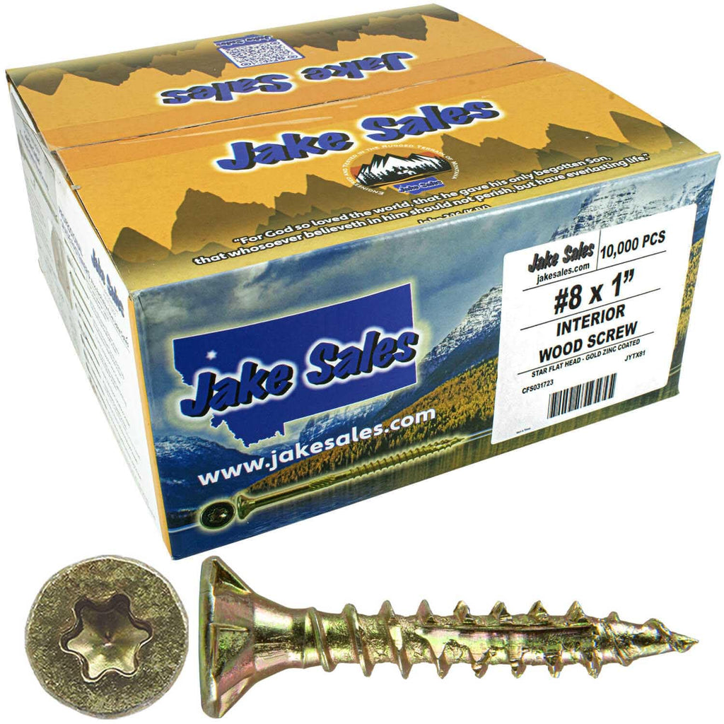 Jake Sales #8 x 1 Gold Star Wood Screw Torx/Star Drive Flat Head (Full Box - 10000 Screw Count) - Multipurpose Torx/Star Drive Wood Screws