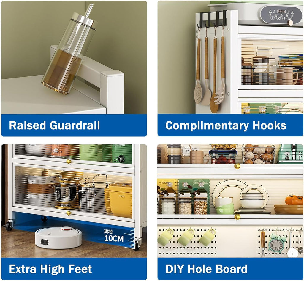 Kitchen Baker's Rack with Hooks, 6-Tier Metal Storage Cabinet, Floor Standing Coffee Bar, Table Organizer Cabinets with Wheels & Flip Door, Microwave Oven Stand,White,L 100cm/39.4'