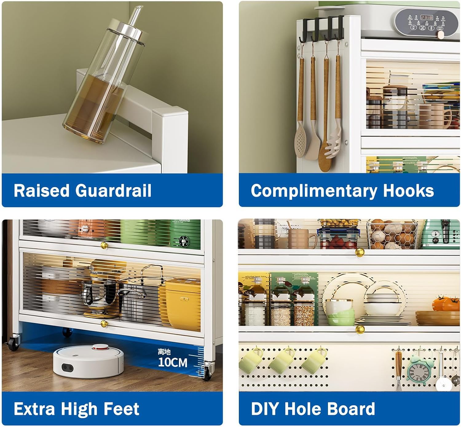 Kitchen Baker's Rack with Hooks, 6-Tier Metal Storage Cabinet, Floor Standing Coffee Bar, Table Organizer Cabinets with Wheels & Flip Door, Microwave Oven Stand,White,L 80cm/31.5'
