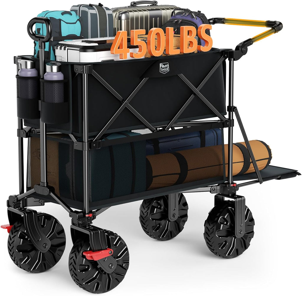 TIMBER RIDGE Push & Pull Double Decker Wagon, 400L Large Capacity Heavy Duty & 450lb Load, Collapsible Cart with All-Terrain Wheels & Brakes, 54' Extended Foldable for Sports, Beach, Camping, Black