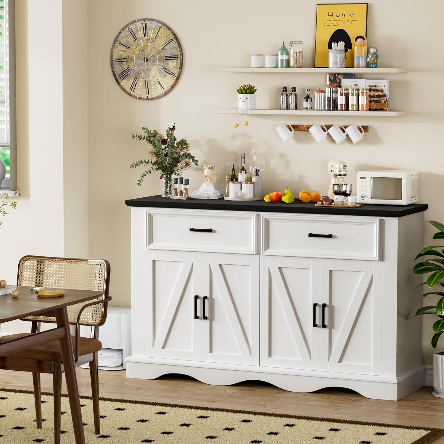 56' Modern Farmhouse Sideboard Buffet Cabinet with 4 Doors and 2 Drawers, Kitchen Storage Cabinet with Adjustable Shelves, Coffee Bar with Charging Station for Living Room, White