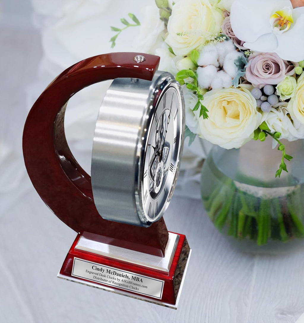 AllGiftFrames Large Gear Da Vinci Desk Clock Which Rotates 360 Degrees with Silver Engraving Plate. Unique, Wedding, Retirement and Appreciation Award