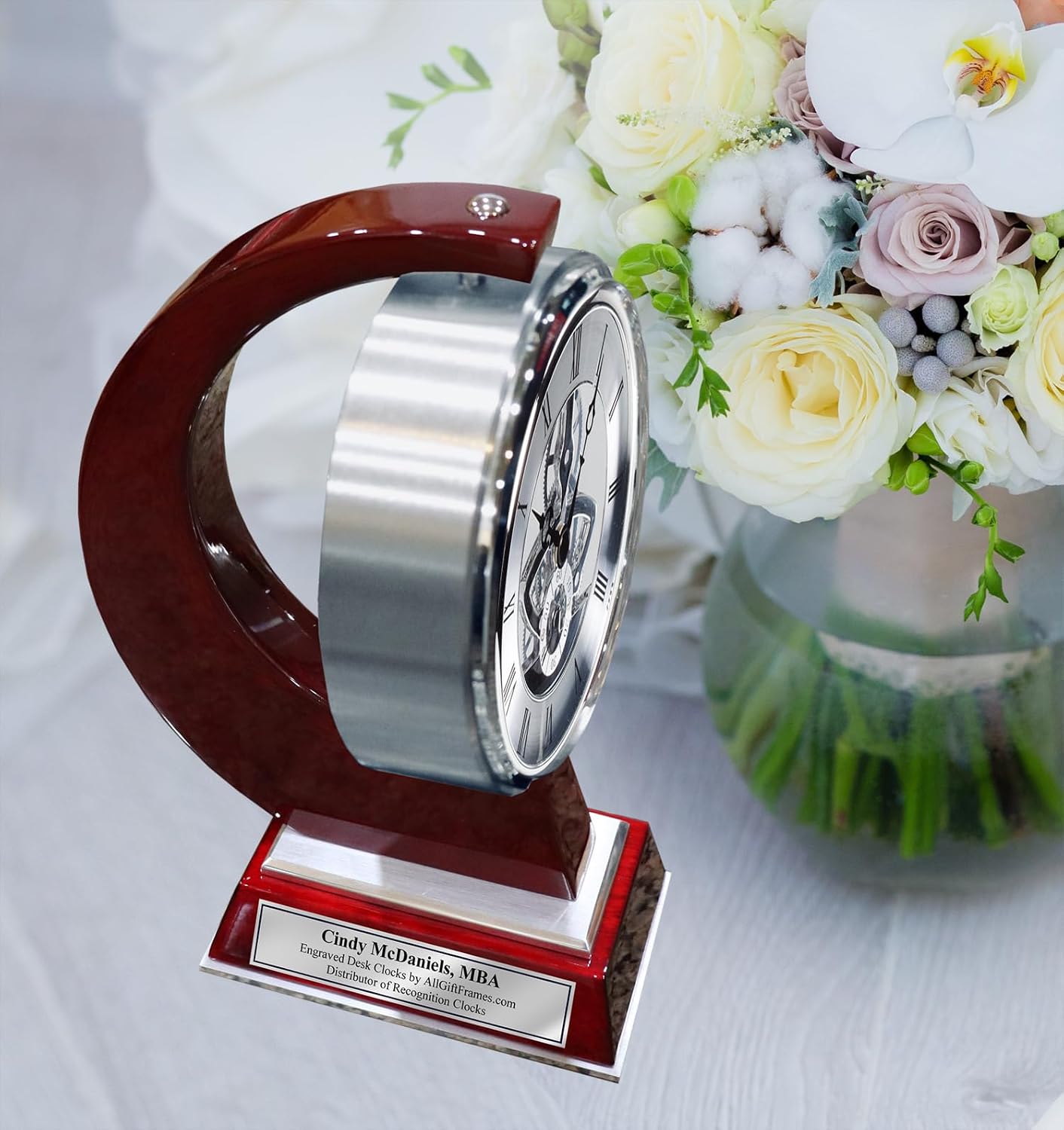 AllGiftFrames Large Gear Da Vinci Desk Clock Which Rotates 360 Degrees with Silver Engraving Plate. Unique, Wedding, Retirement and Appreciation Award
