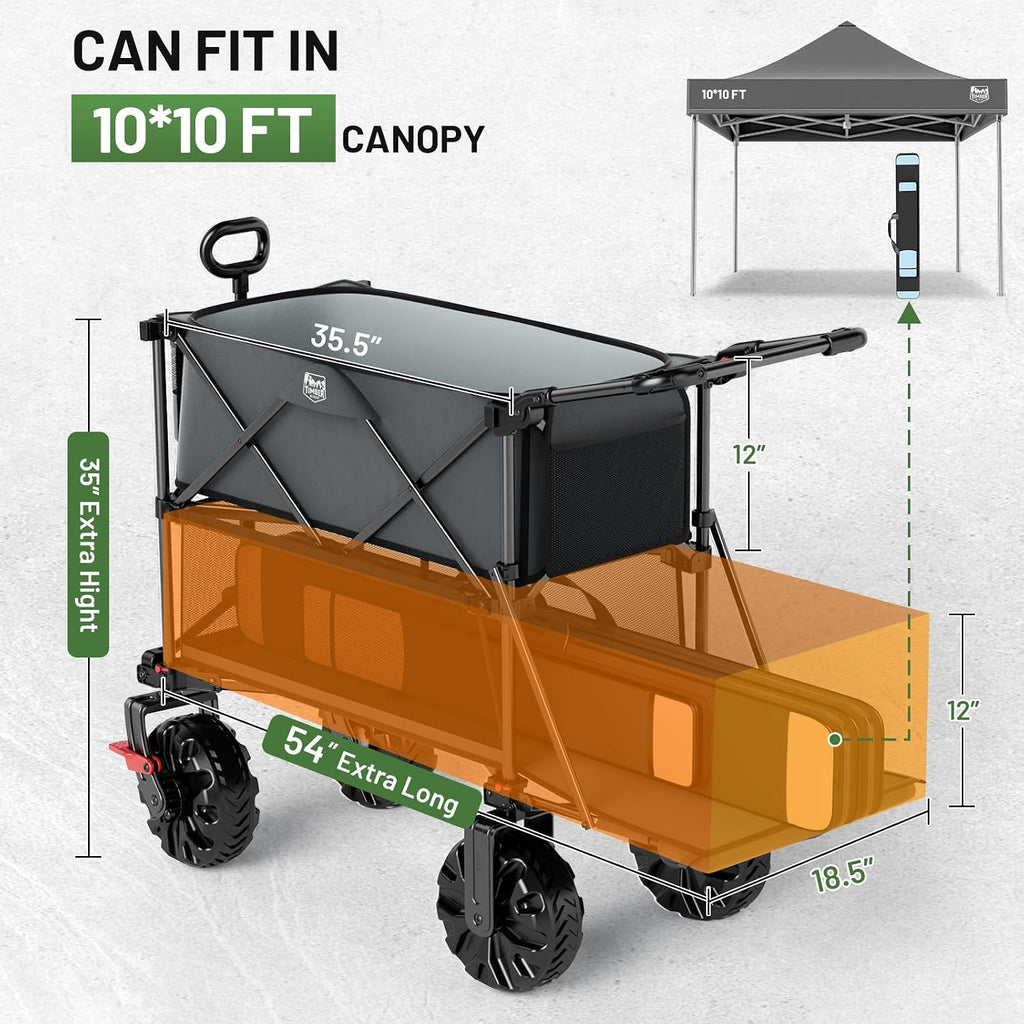 TIMBER RIDGE Push & Pull Double Decker Wagon, 400L Large Capacity Heavy Duty & 450lb Load, Collapsible Cart with All-Terrain Wheels & Brakes, 54' Extended Foldable for Sports, Beach, Camping, Grey