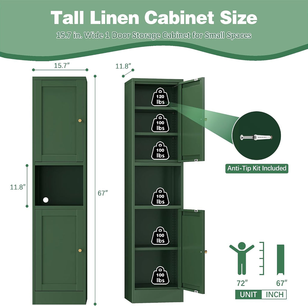 Bevivog Metal Kitchen Pantry Cabinet for Small Space, 67' Tall Storage Cabinets with 2 Doors and Adjustable Shelves, Freestanding Narrow Bathroom Cabinet, 15.7' W Slim Pantry