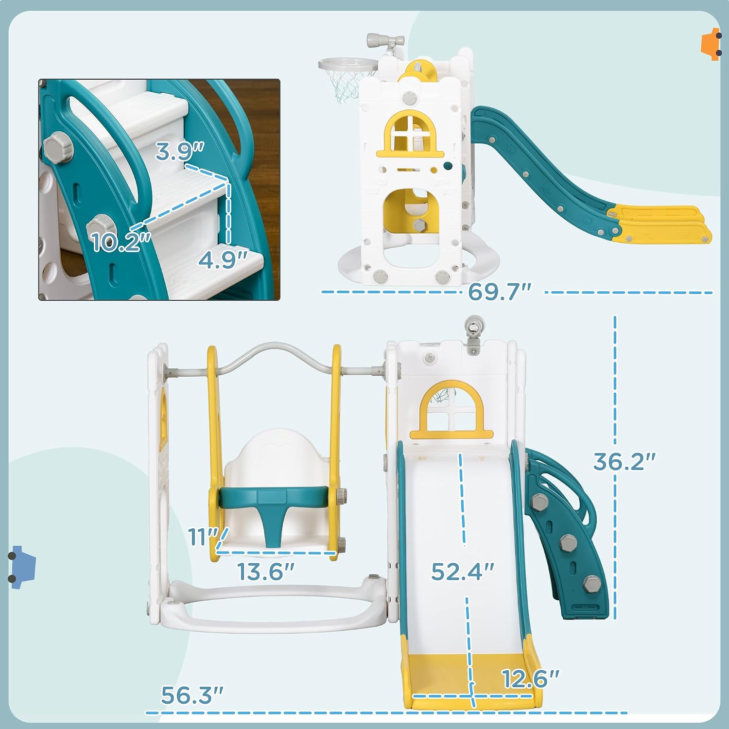 Qaba 6 in 1 Toddler Slide and Swing Set, Toddler Playground for Ages 1-3 Years with Basketball Hoop, Climber, Storage Space, Telescope, Indoor/Outdoor Playset, Yellow