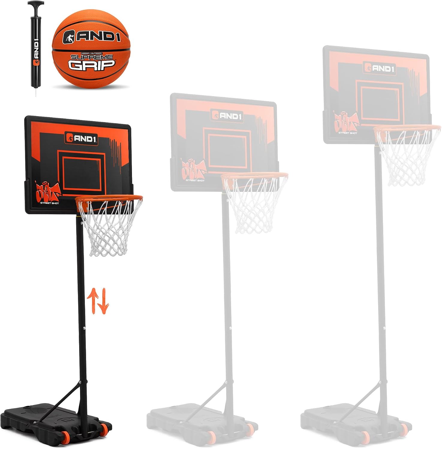 AND1 32' Basketball Hoop & Basketball Bundle - Adjustable Portable Outdoor Basketball Hoop & Regulation Size Basketball, 5-7 Ft Adjustable Height