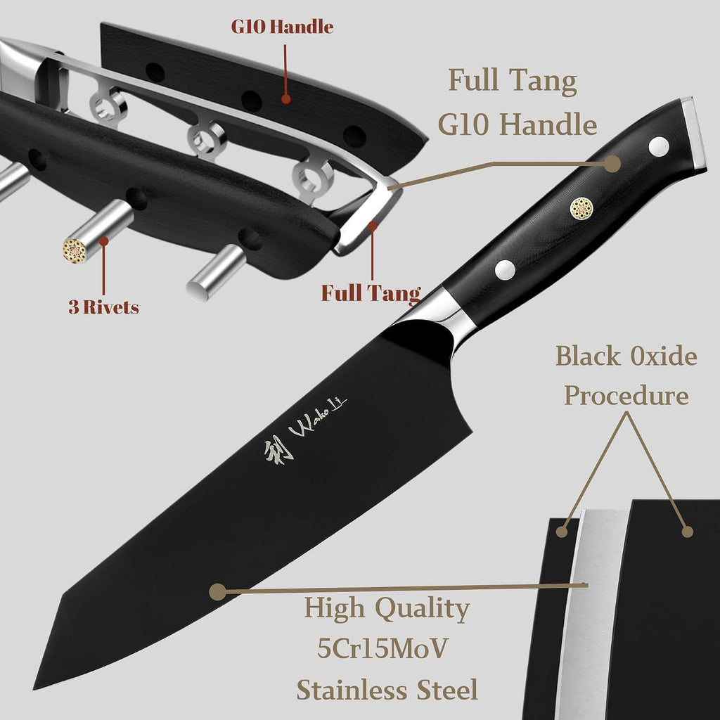 Wakoli Titanium Noir Kitchen Knife Set – 3-Piece Professional Kiritsuke Chef Knife Set | 5Cr15MoV Stainless Steel Blades with Black Titanium Coating | Ergonomic G10 Handles | Wooden Gift Box