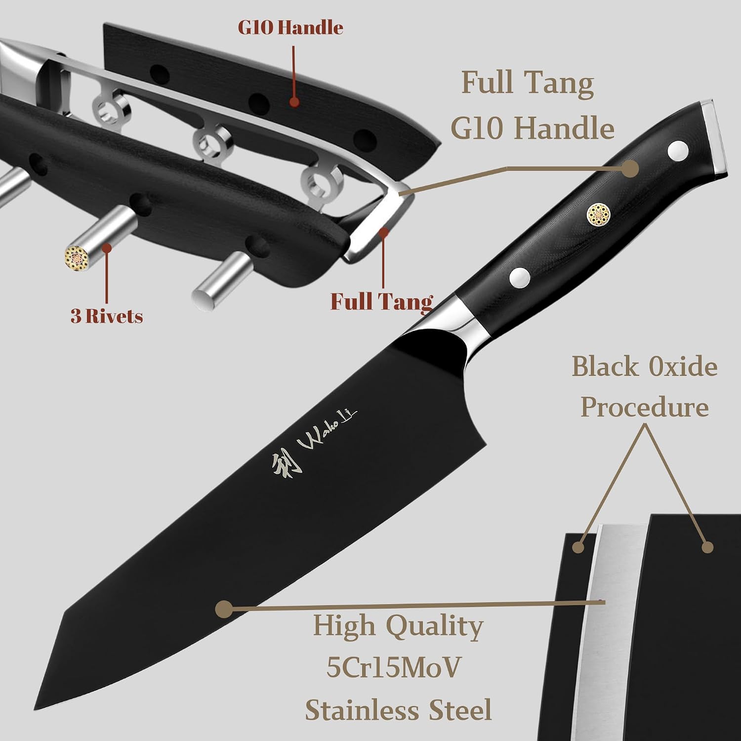 Wakoli Titanium Noir Kitchen Knife Set – 3-Piece Professional Kiritsuke Chef Knife Set | 5Cr15MoV Stainless Steel Blades with Black Titanium Coating | Ergonomic G10 Handles | Wooden Gift Box