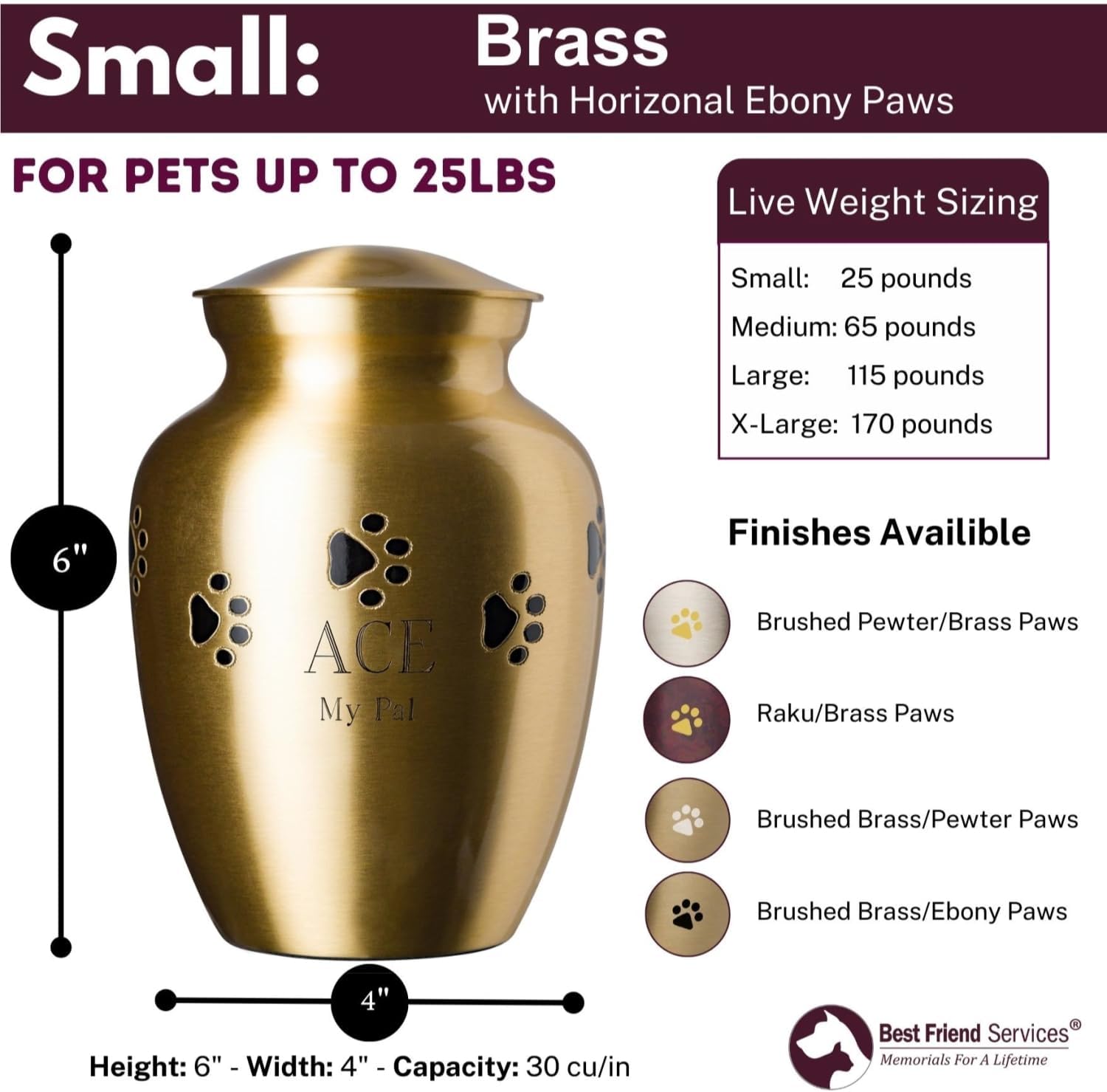 Ottillie Paws Elite Series Pet Urn for Dogs and Cats with Personalized Engraving (Small - Pets up to 25 lbs, Brass, Horizontal, Ebony)