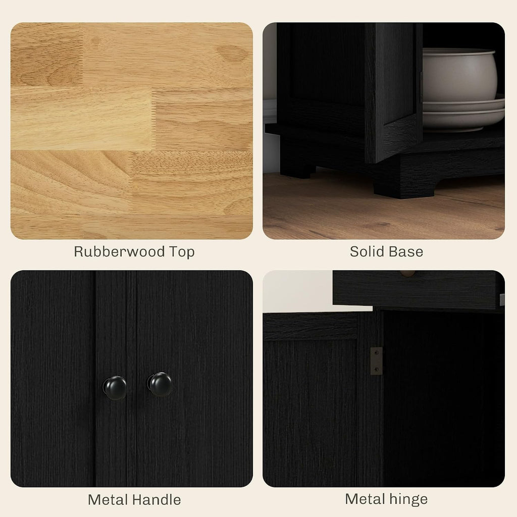 HOMCOM Sideboard Buffet Cabinet with Solid Wood Countertop, Modern Kitchen Storage Cabinet, Coffee Bar Cabinet with 3 Drawers, Doors and Adjustable Shelf, Distressed Black