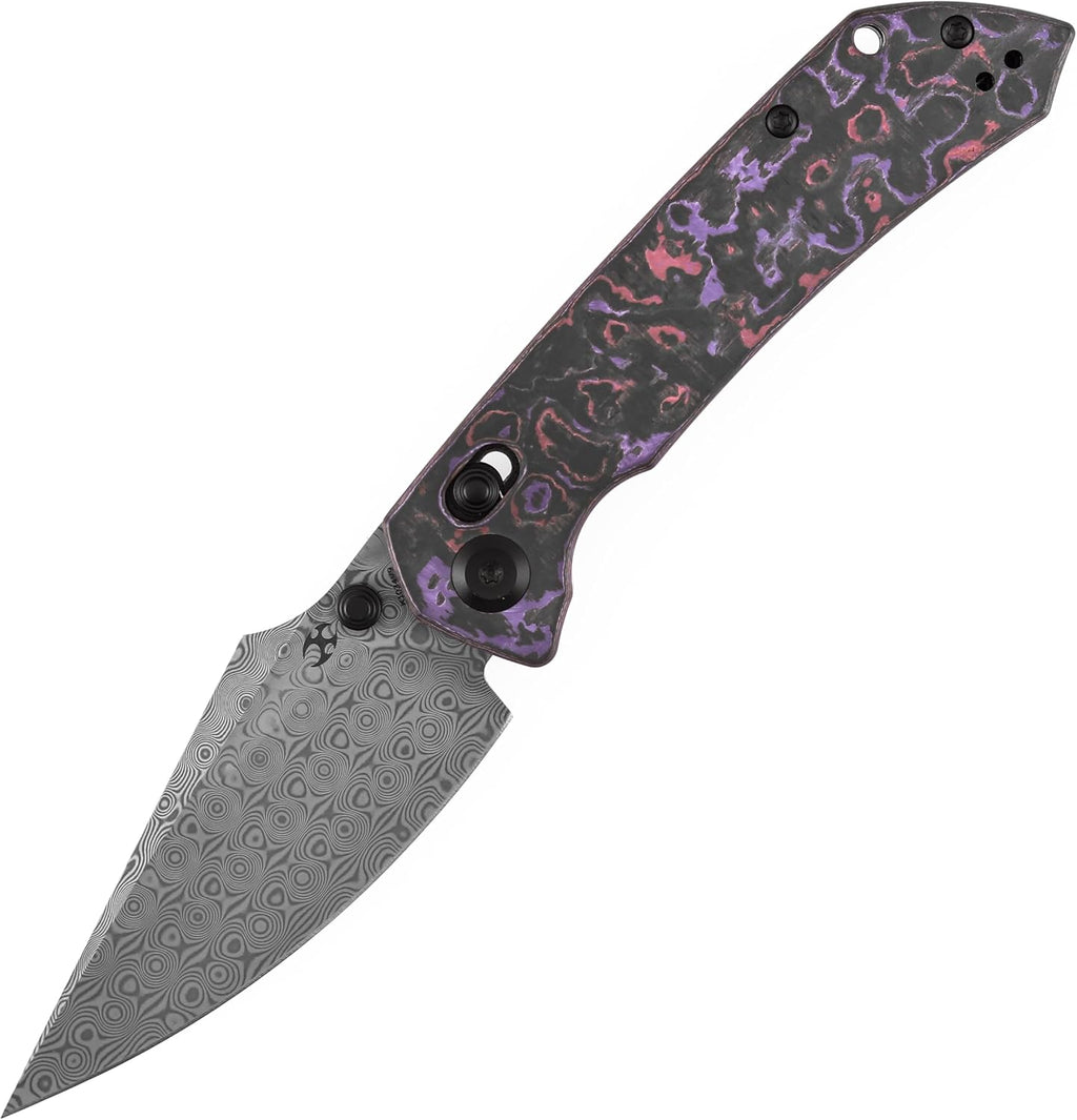 KANSEPT Fenrir Pocket Knife, 3.48'' Damascus Harpoon Blade, Purple Haze Fatcarbon Handle with Crossbar Lock, Thumb Stud Deep Clip for Edc, Camping Survival Hiking Folding Knives K1034V9