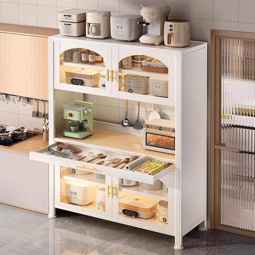 JKGHK Kitchen Pantry Cabinet Buffet with Drawer Storage, 72.8in Microwave Stand with 3 Adjustable Levels, Standing Bakers Racks with Glass Doors, for Dining Room(White,100cm/39.3in)