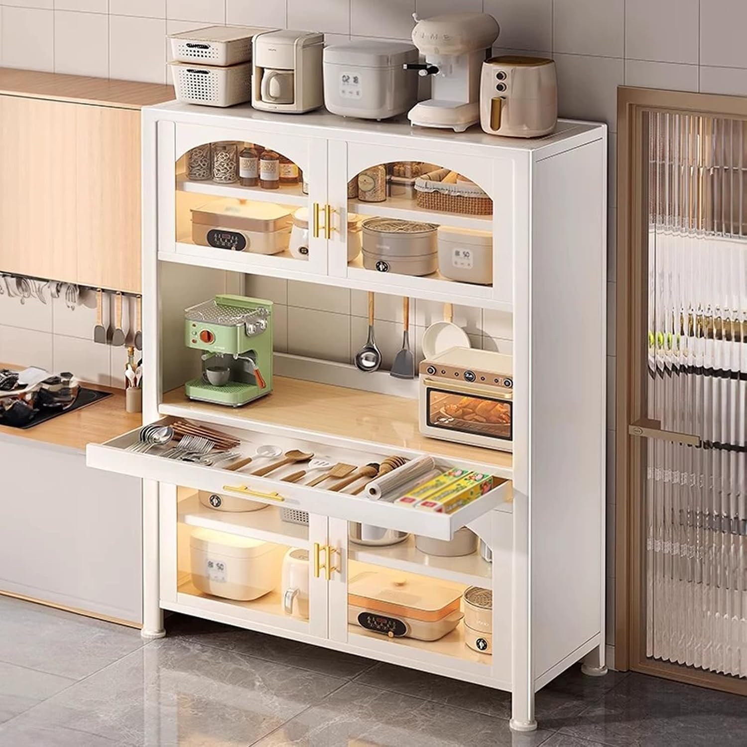 JKGHK Kitchen Pantry Cabinet Buffet with Drawer Storage, 72.8in Microwave Stand with 3 Adjustable Levels, Standing Bakers Racks with Glass Doors, for Dining Room(White,80cm/31.4in)