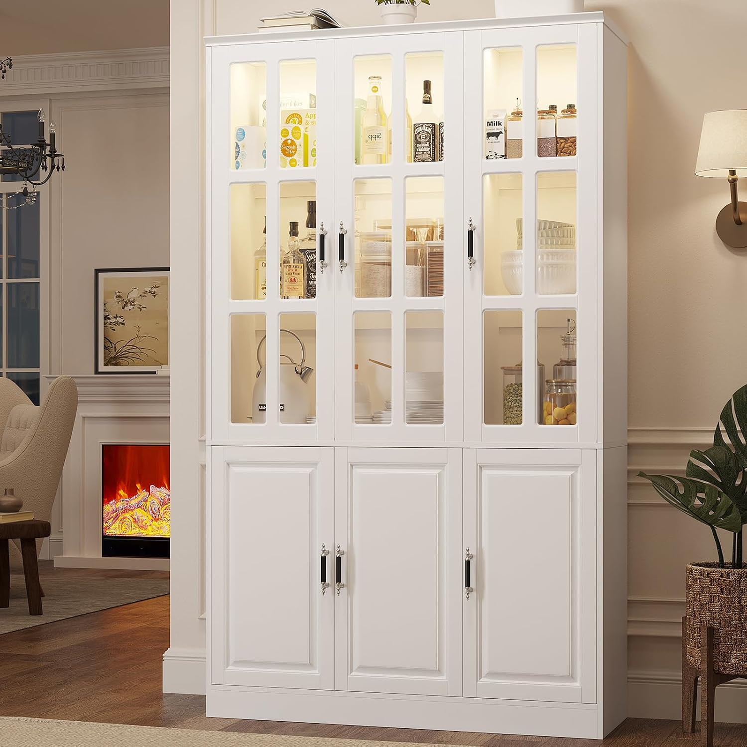 MEISSALIVVE 78.7' Kitchen Pantry Storage Cabinet with LED Lights, Tall Pantry Cabinet with Glass Doors, Kitchen Hutch Utility Pantry, White (47.2' W x 15.7' D)