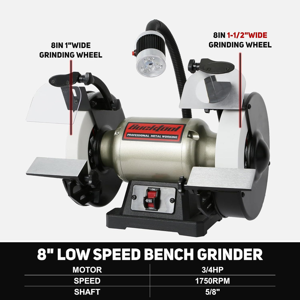 BUCKTOOL 8 Inch 3/4 HP Low-Speed Bench Grinder fit CBN Wheel Professional Wobble-free Wheel Grinder TDS-200C4HL