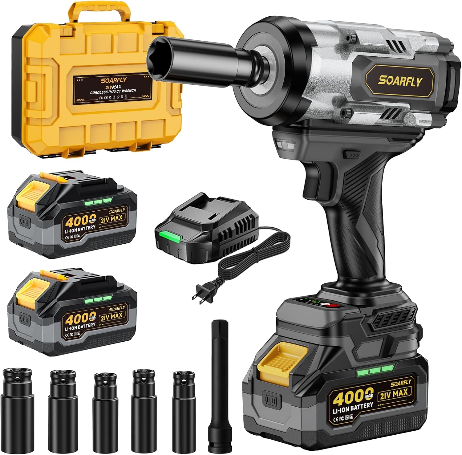 SOARFLY 1/2' Cordless Impact Wrench, 1500N.m (1106 Ft-Lbs) High Torque, 21V Brushless Impact Gun with 2x 4.0Ah Batteries, Variable Speed, LED Light, 5 Sockets for Truck RV Car Heavy Construction