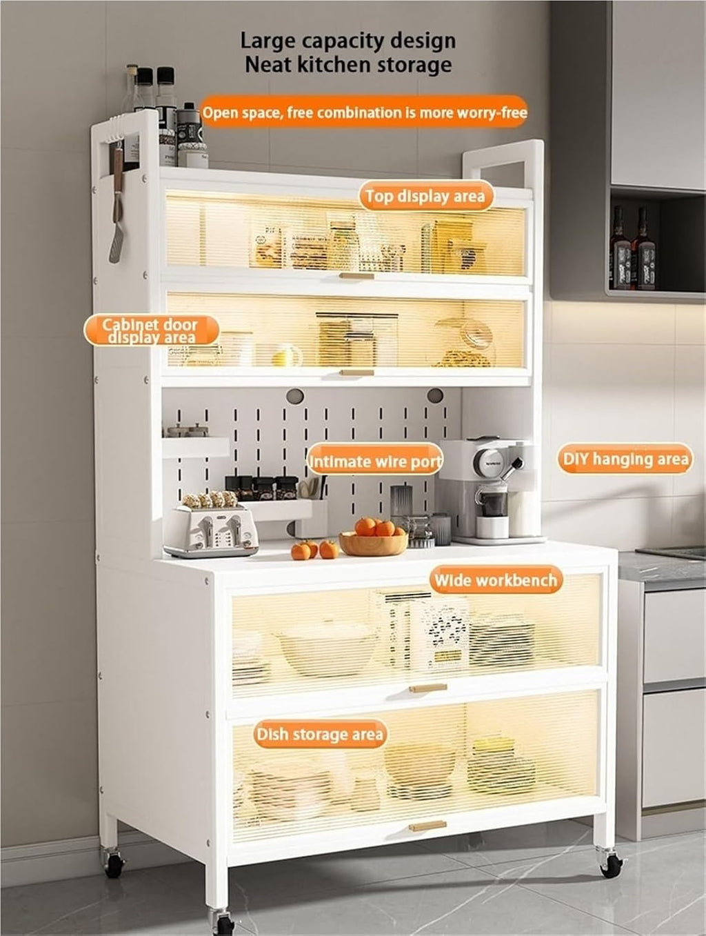 Storage Cabinet Kitchen Pantry Shelf Microwave 6-Tier Stand with Storage with Flip Door and Wheels Metal Sideboard Baker's Rack Coffee Pub for Spices Pots Pans,White 80cm
