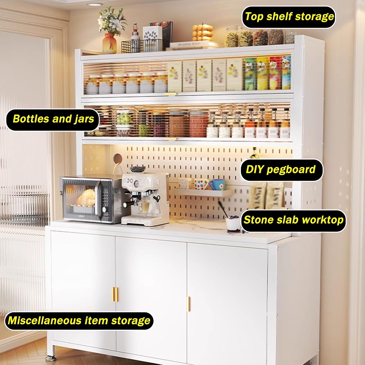 JKGHK Kitchen Storage Sideboard Cabinet, Tall Bakers Rack Countertop with Stone Slab Countertop, Standing Pantry with Pegboard and Adjustable Shelves for Home Coffee Bar(White,24x62in)