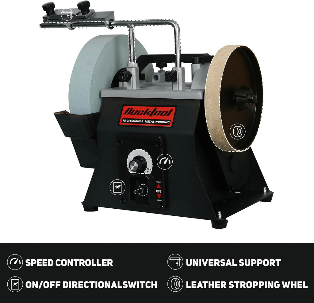 BUCKTOOL 10-Inch Variable Speed Wet Sharpening System, 1.2-Amp Two-Direction Water Cooled Wet Stone Grinder 90-160RPM, Wet Bench Grinder for Knife, Chisel, Knife, Axe, SCM8103