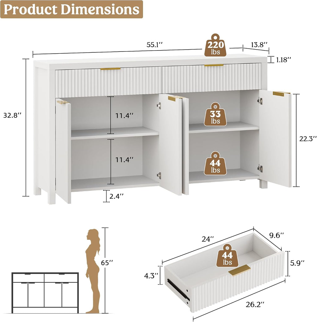 Lulive Fluted Buffet Cabinet with Storage 55 inch Wood Large Sideboard with Adjustable Shelves for Entryway Kitchen Living Room, White