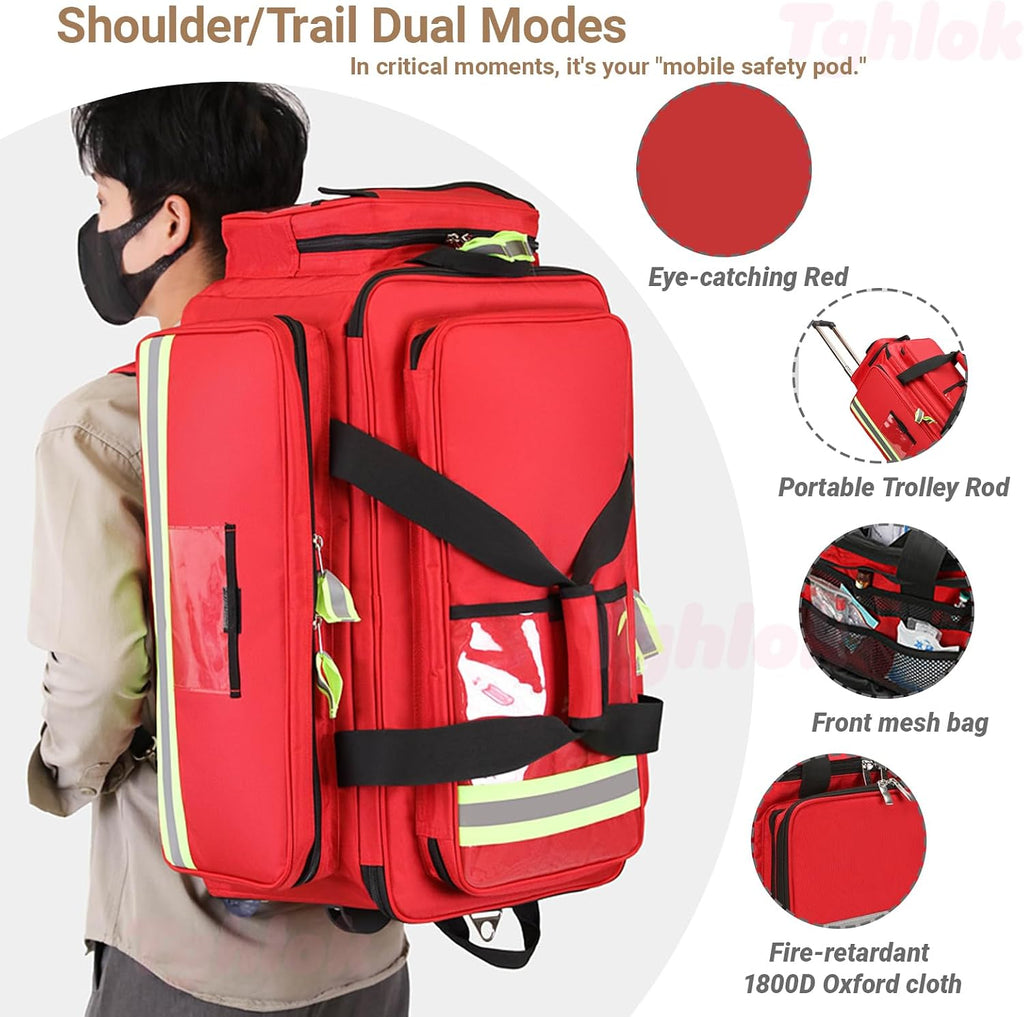 First Responder Bag with Wheels, Fire-retardant&1800D Oxford Cloth, Trauma Backpack Empty, Medical Emergency Kits Storage Jump Bag Pack, for EMT, EMS, Police, Firefighters, Home Health Nurses, Doctors
