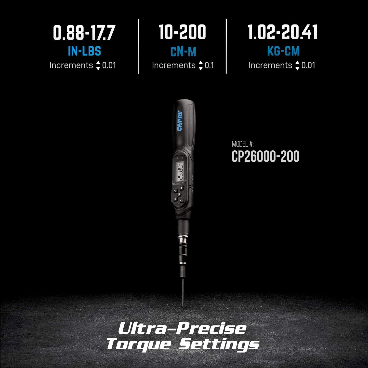Capri Tools Digital Torque Screwdriver, Dual Direction, 0.88-17.7 in. lbs./10-200 cNm/1.02-20.41 kg-cm (CP26000-200)