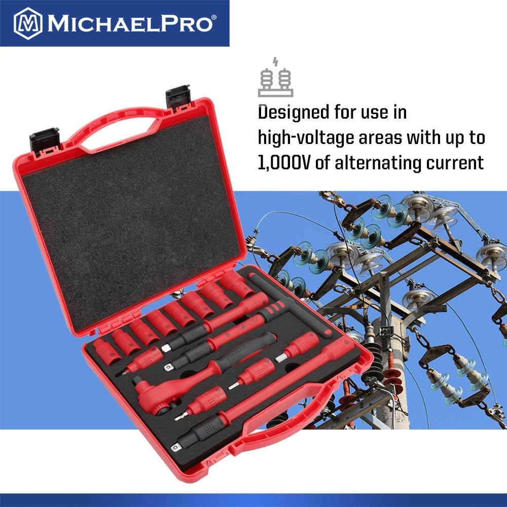 MichaelPro 16-Piece 3/8' Drive VDE Insulated Tools Set with Sockets, Bits Sockets, Wrenches, Ratchet, Electrical Tools | MP005047