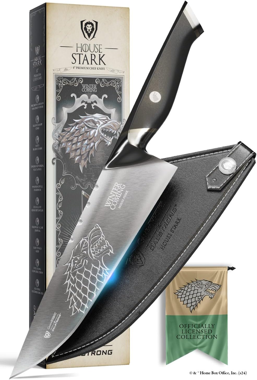 Dalstrong Game of Thrones House Stark 8' Chef Knife — German X50CRMOV15 Steel, Collecion Edition, G-10 Handle — Officially Licensed — For GoT Fans, Collectors & Real Kitchen Use