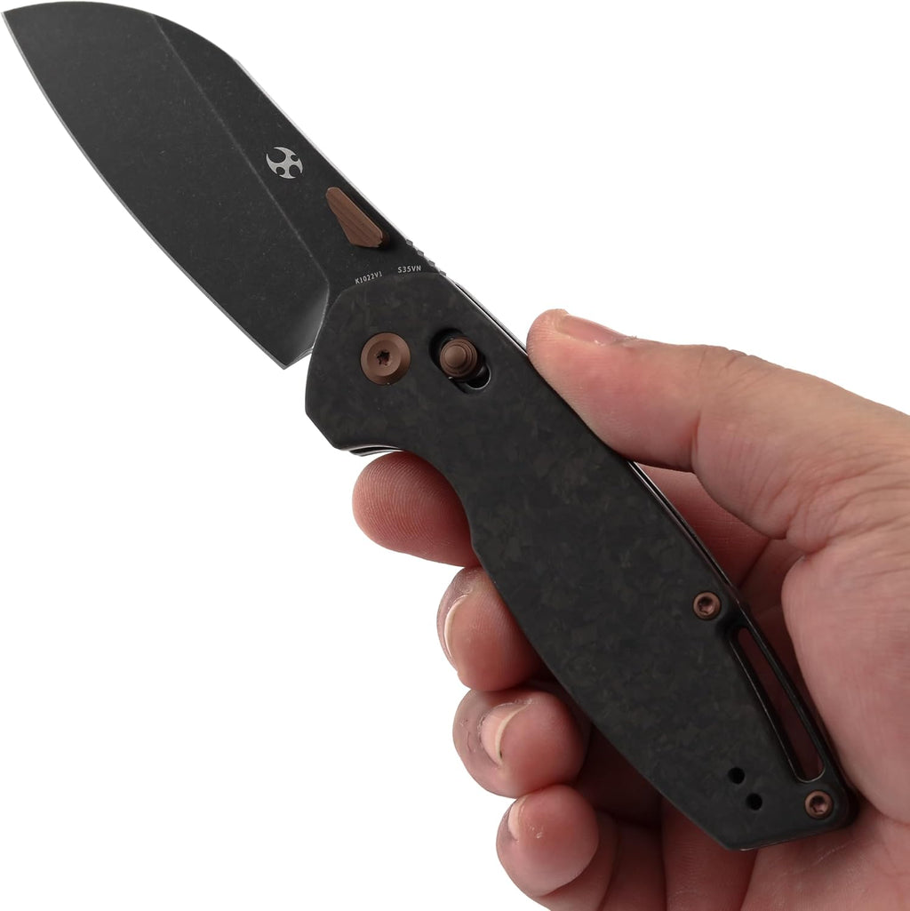 KANSEPT Model 6 Folding Knife, 3.1'' Blackwash CPM S35VN Sharp Blade, Shred Carbon Fiber Handle with Crossbar Lock, Thumb Stud Pocket Clip for EDC, Camping, Hiking K1022V1