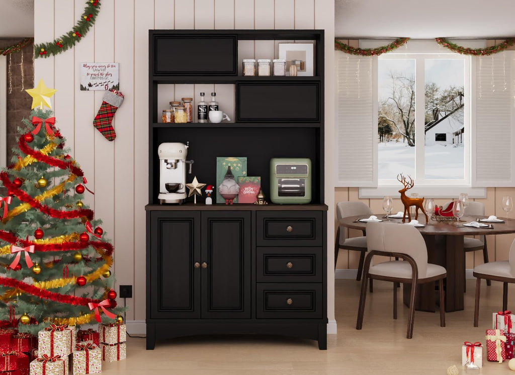 BLANKSPACE 71' Tall Kitchen Pantry Cabinet with Microwave Shelf Built-in Charging Station, Black Sliding Door Cabinet with Drawer Storage Organizer/Adjustable Shelves for Dining Room, Living Room