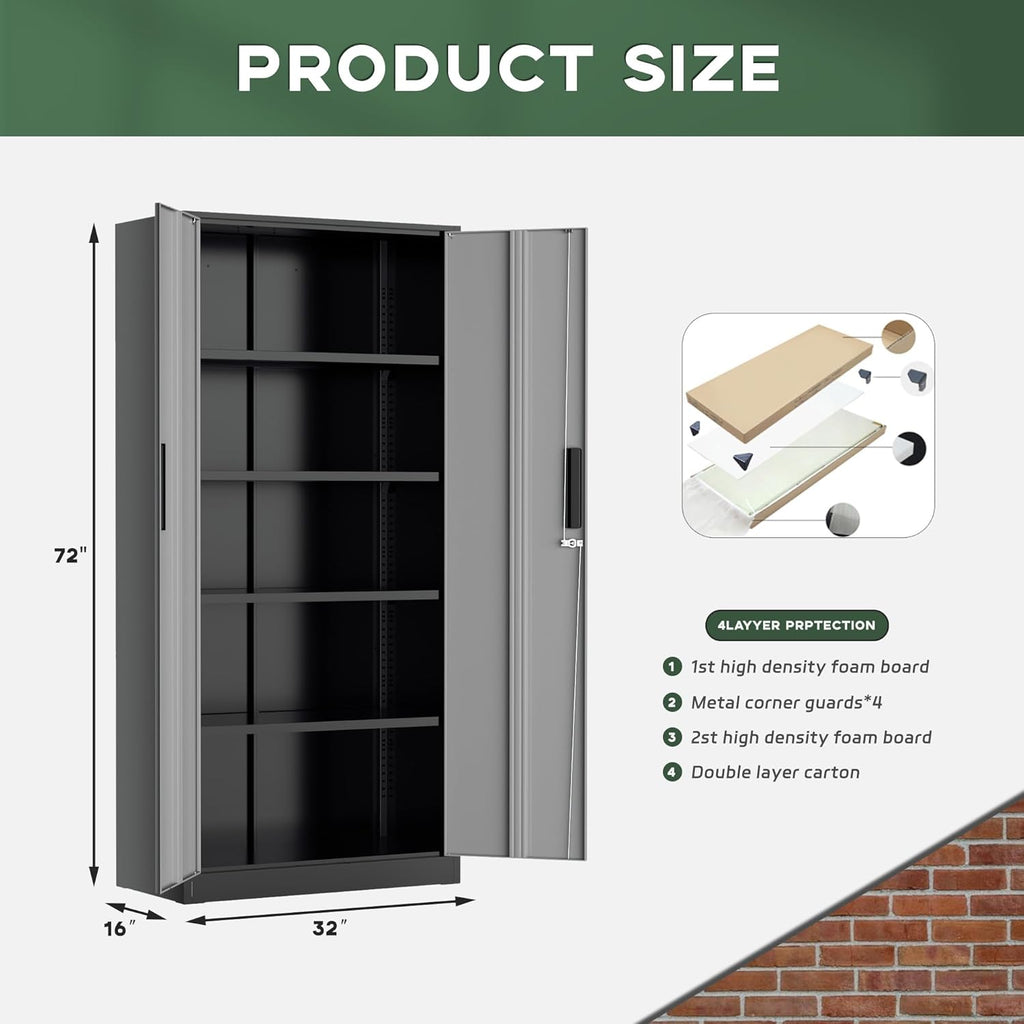 Greenvelly Metal Garage Storage Cabinet, 72' Black Gray Tool Steel Locking Cabinet with Doors and 4 Shelves, Tall Cabinets for Garage Storage Systems Lockable File Cabinet for Home Office,Garage