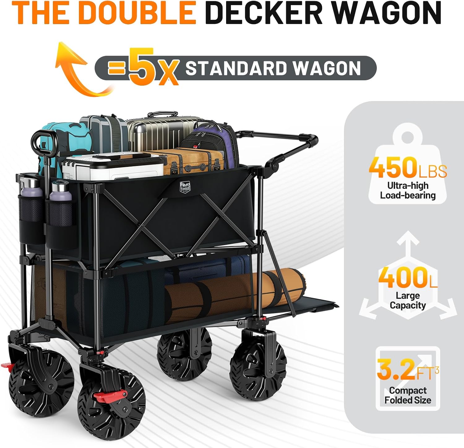 TIMBER RIDGE Push & Pull Double Decker Wagon, 400L Large Capacity Heavy Duty & 450lb Load, Collapsible Cart with All-Terrain Wheels & Brakes, 54' Extended Foldable for Sports, Beach, Camping, Black