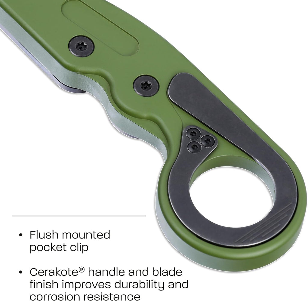 CRKT Provoke Folding Knife with Kinematic: Morphing Karambit, D2 Steel Plain Edge Blade, Green Aluminum Handle, Pocket Clip, 4040BG