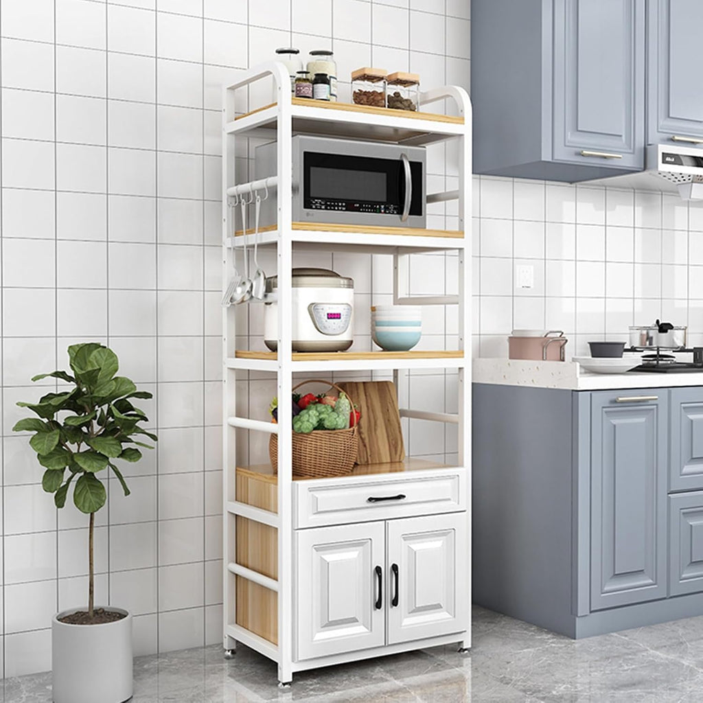3 Tier Microwave Oven Rack with Storage Cabinet Standing Baker's Rack with Utility Shelf Ideal for Kitchen Living Room or Bedroom Walnut and White Color Combination.
