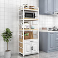 3 Tier Microwave Oven Rack with Storage Cabinet Standing Baker's Rack with Utility Shelf Ideal for Kitchen Living Room or Bedroom Walnut and White Color Combination.