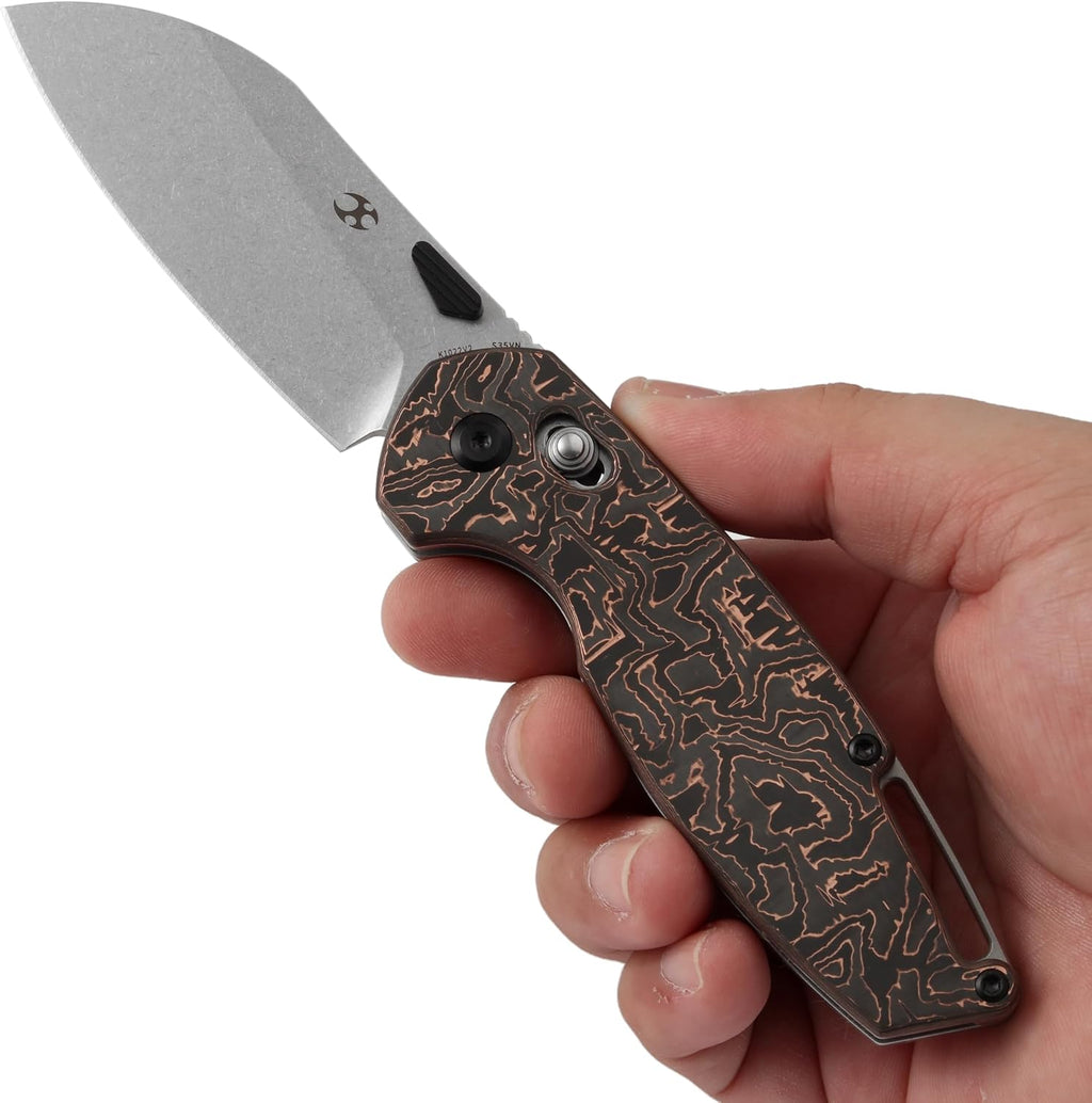 KANSEPT Model 6 Folding Knife, 3.1'' Stonewashed CPM S35VN Sharp Blade, Copper Carbon Fiber Handle with Crossbar Lock, Thumb Stud Pocket Clip for EDC, Camping, Hiking K1022V2