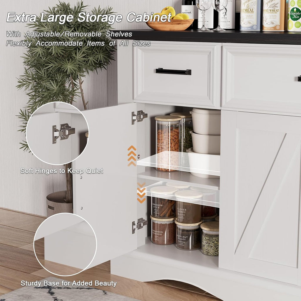 56' Buffet Cabinet Sideboard with Storage: Built-in Charging Station, Farmhouse Wood Coffee Wine Bar, Furniture with Drawers and Doors for Kitchen, Dining Room, Living Room, White