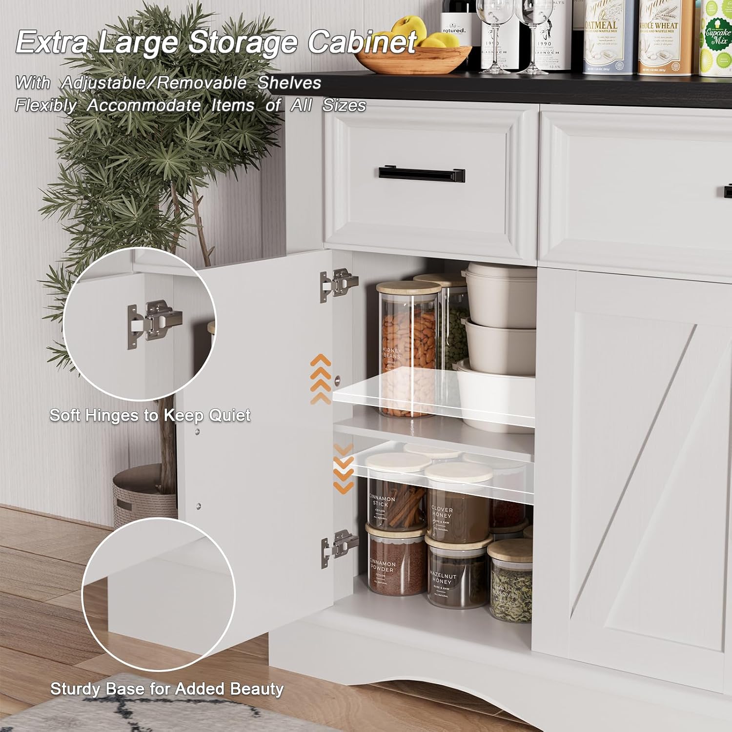 56' Buffet Cabinet Sideboard with Storage: Built-in Charging Station, Farmhouse Wood Coffee Wine Bar, Furniture with Drawers and Doors for Kitchen, Dining Room, Living Room, White