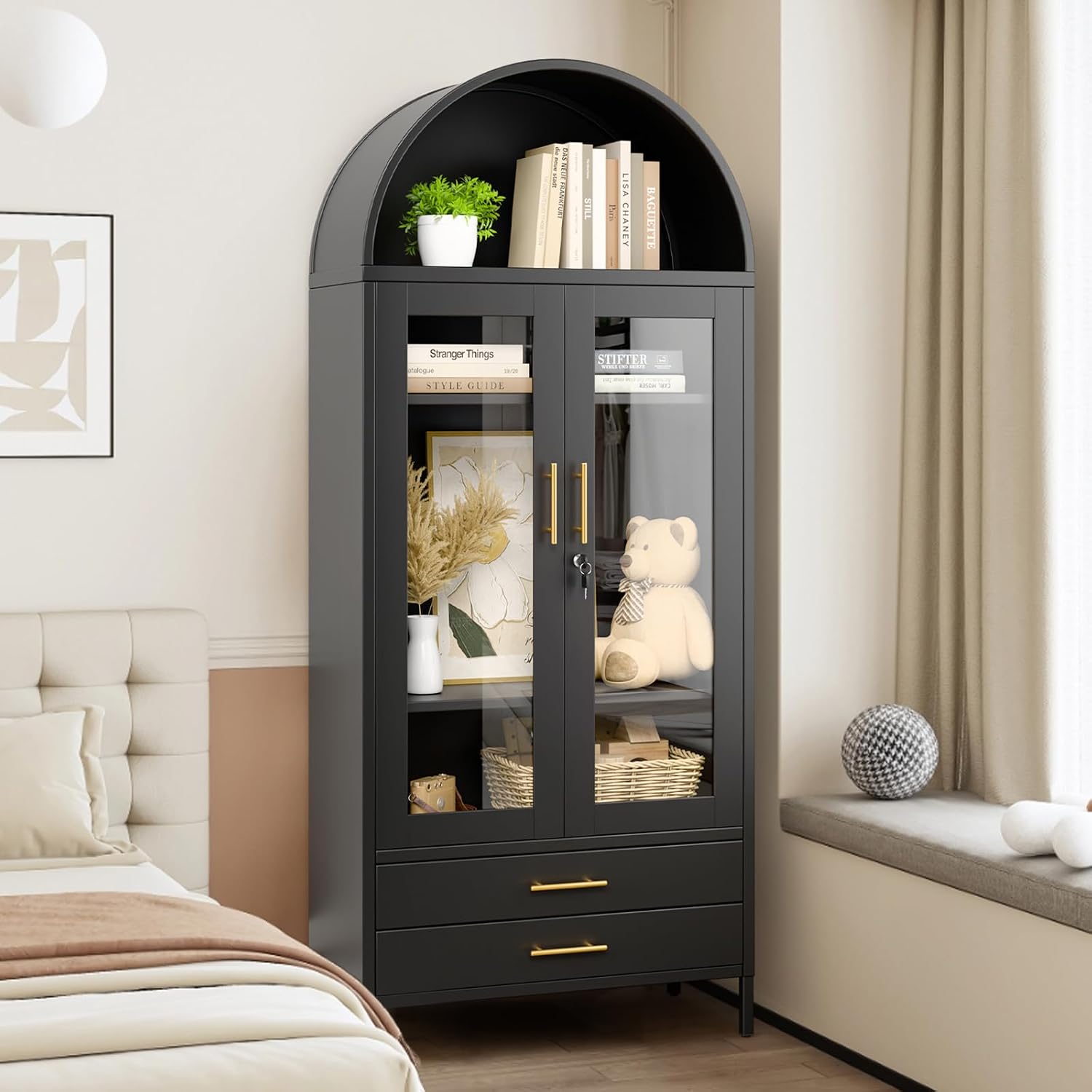 Holiwei 73' Tall Arched Cabinet, Metal Kitchen Pantry with Glass Doors, Modern Display Cabinet with 2 Drawers and 2 Adjustable Shelves for Living Room