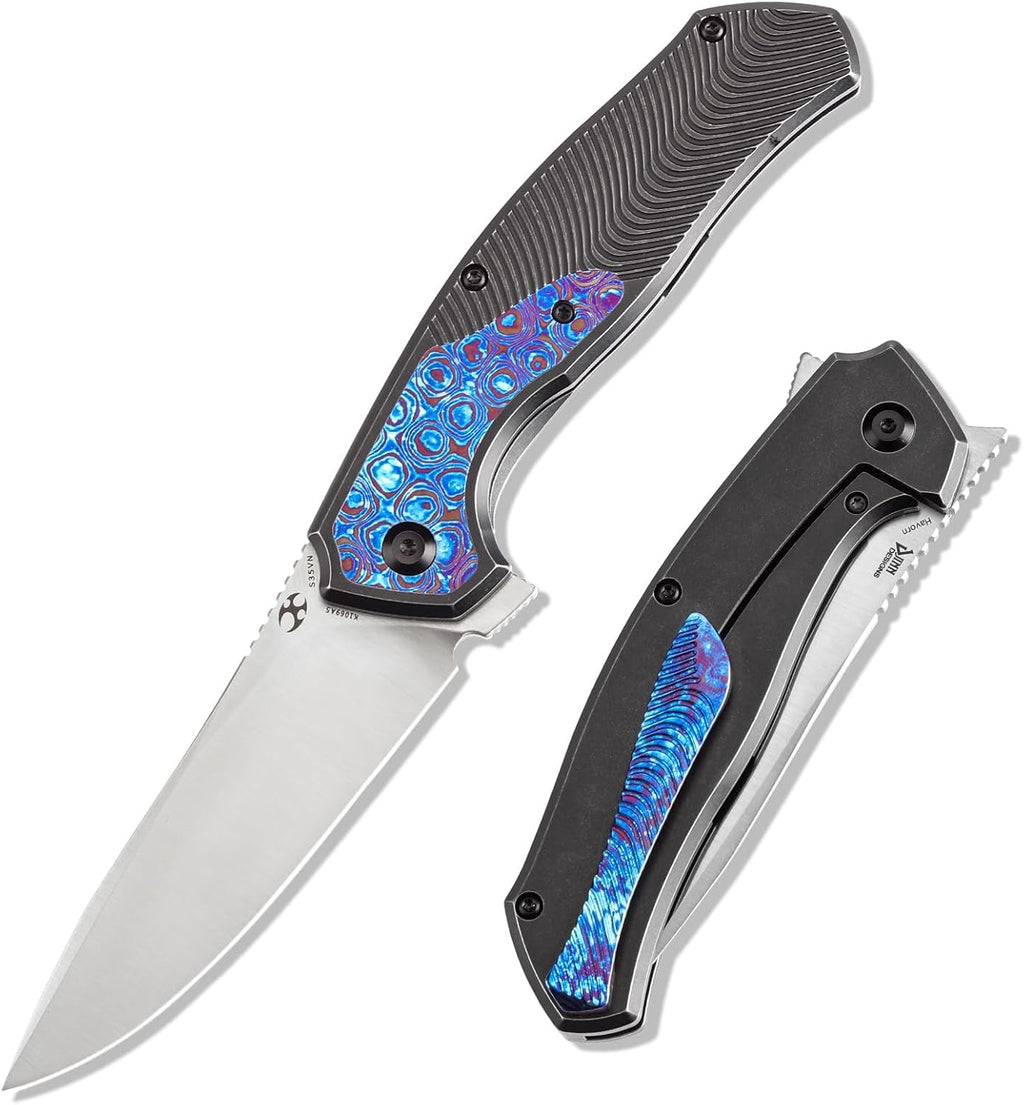KANSEPT HAVØRN Pocket Folding Knives Camping Hiking Folding Knife 3.48'' Stonewashed CPM S35VN Blade Pocke Knife with Bronze Anodized Titanium Copper Carbon Fiber Inlay Handle Everyday Carry K1069A5