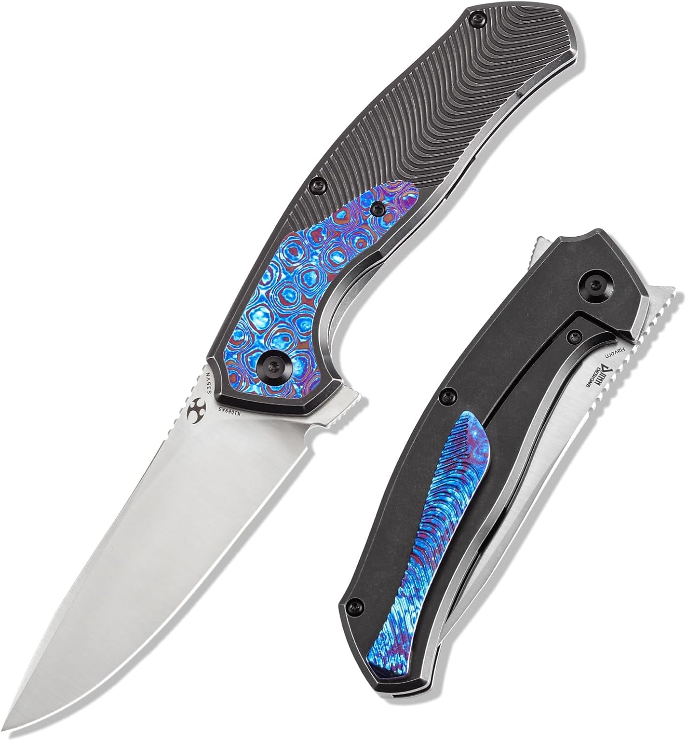 KANSEPT HAVØRN Pocket Folding Knives Camping Hiking Folding Knife 3.48'' Stonewashed CPM S35VN Blade Pocke Knife with Bronze Anodized Titanium Copper Carbon Fiber Inlay Handle Everyday Carry K1069A5