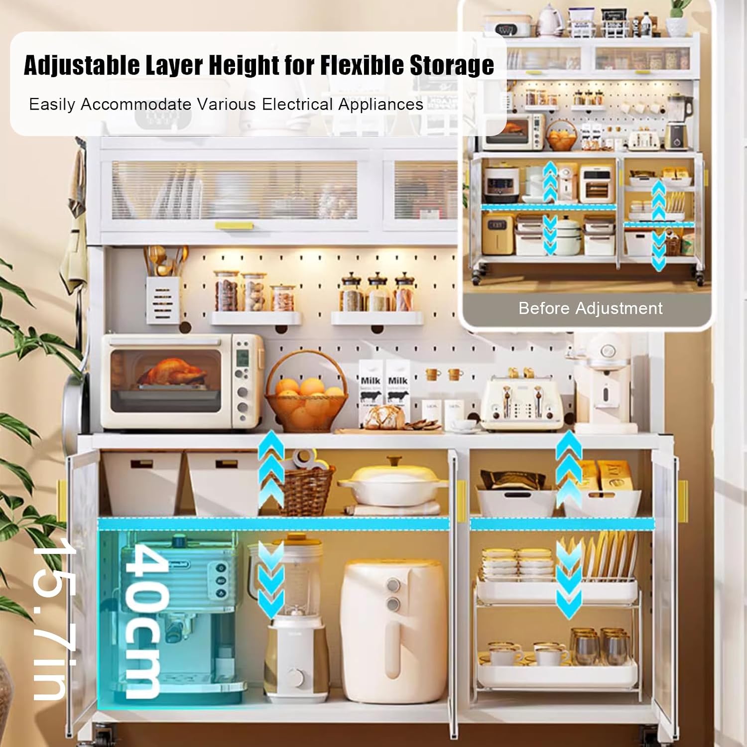 5-Tier Microwave Cart with Storage, Movable Standing Storage Cabinet Bakers Rack with Doors, DIY Backplane Creative Kitchen Storage Shelf for Spices Pots and Pans(L100cm(39.4in), White)