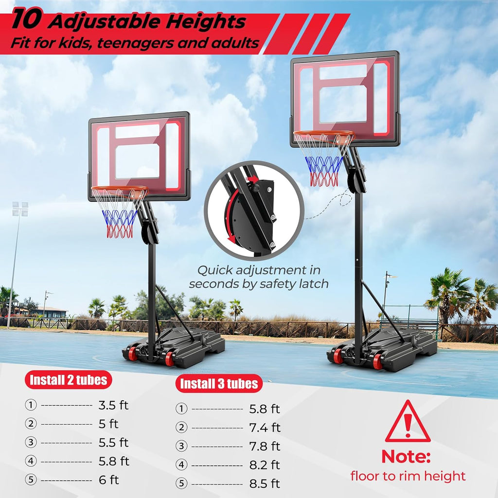 S AFSTAR Basketball Hoop, Max to 8.5 FT, 10 Adjustable Heights, 40' Shatterproof Backboard, 77 LBS Weight Bag Included, Portable Basketball Hoop for Kids, Youths & Adults