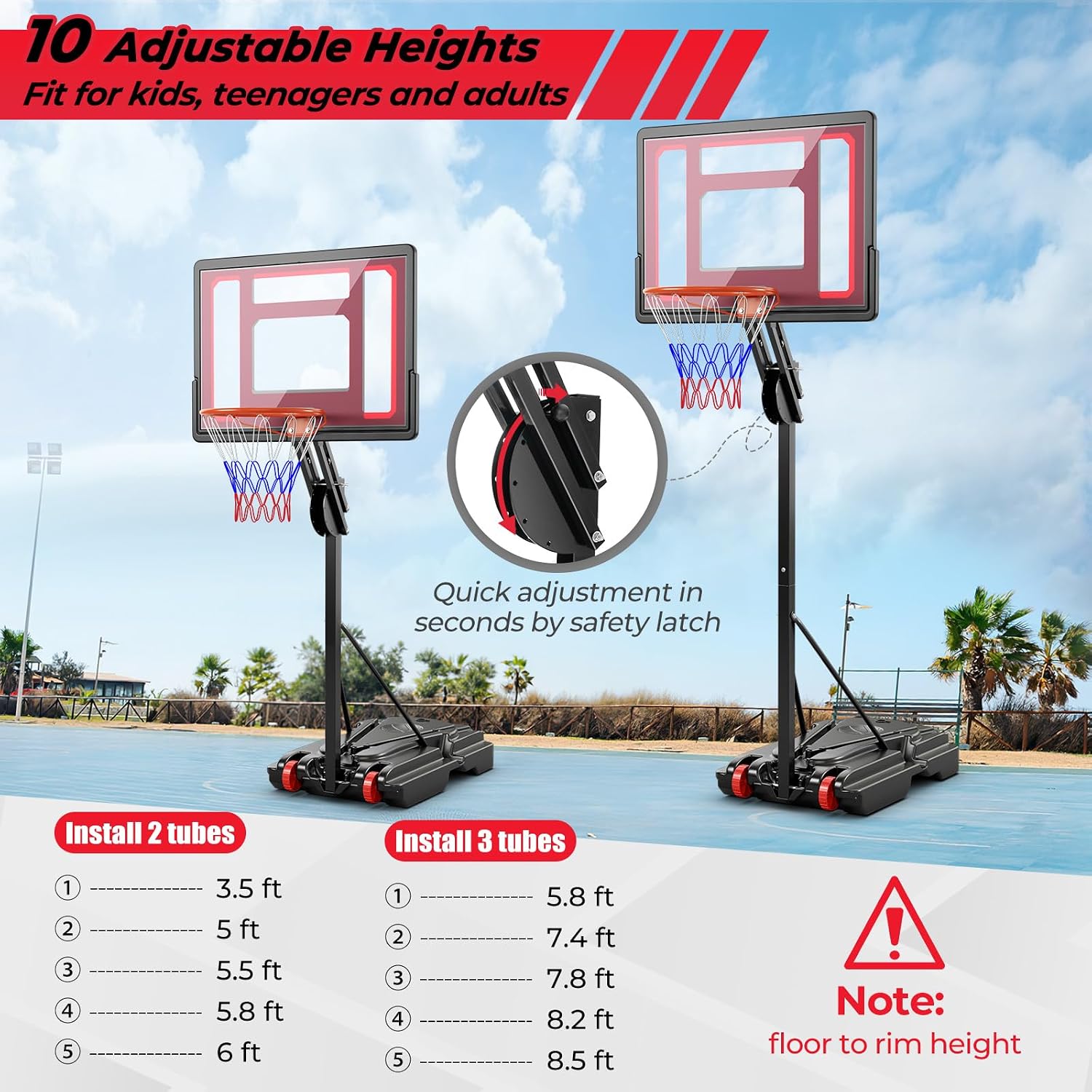 S AFSTAR Basketball Hoop, Max to 8.5 FT, 10 Adjustable Heights, 40' Shatterproof Backboard, 77 LBS Weight Bag Included, Portable Basketball Hoop for Kids, Youths & Adults