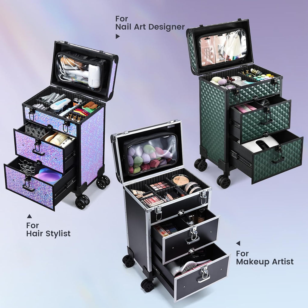 Professional Rolling Makeup Train Case with Drawers, Large Cosmetic Trolley with Locks, Cosmetics Storage Organizer Make up Case for Travel Makeup/Nail Art/Hair Styling, Matte Black